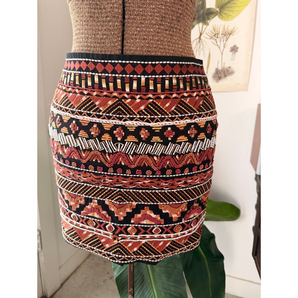 H&M Embroidered Beaded Mini Skirt Size 4 Boho Festival Aztec Tribal Western
